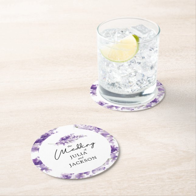 Personalised Lavender Watercolor Wedding Elegant Round Paper Coaster (Insitu)