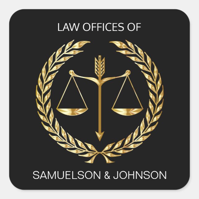 Personalised Law Lawyer Justice Scale Black Gold Square Sticker (Front)