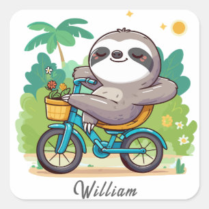 Personalised Lazy Sloth's Relaxing Bike Adventure Square Sticker