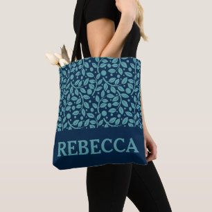 Personalised leafy blue tote bag