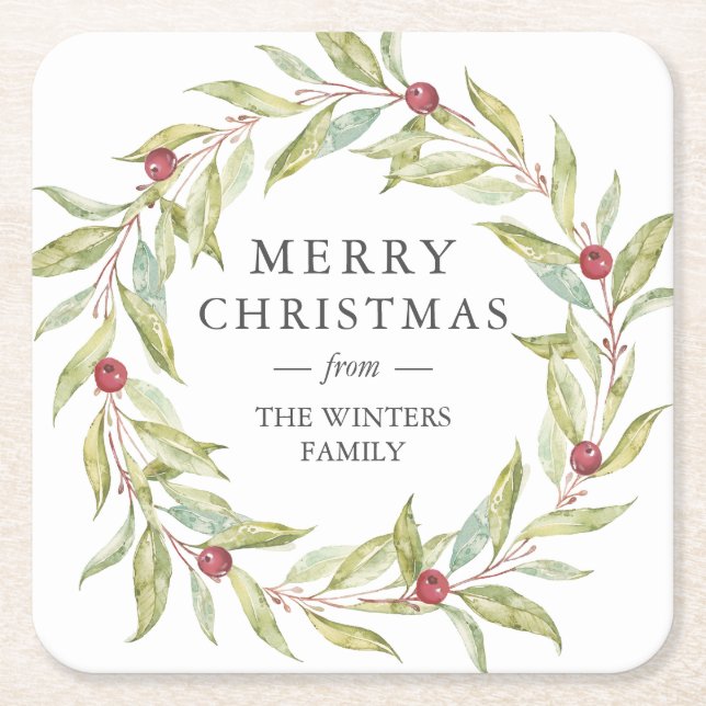 Personalised Leaves Berries Wreath Christmas Square Paper Coaster (Front)
