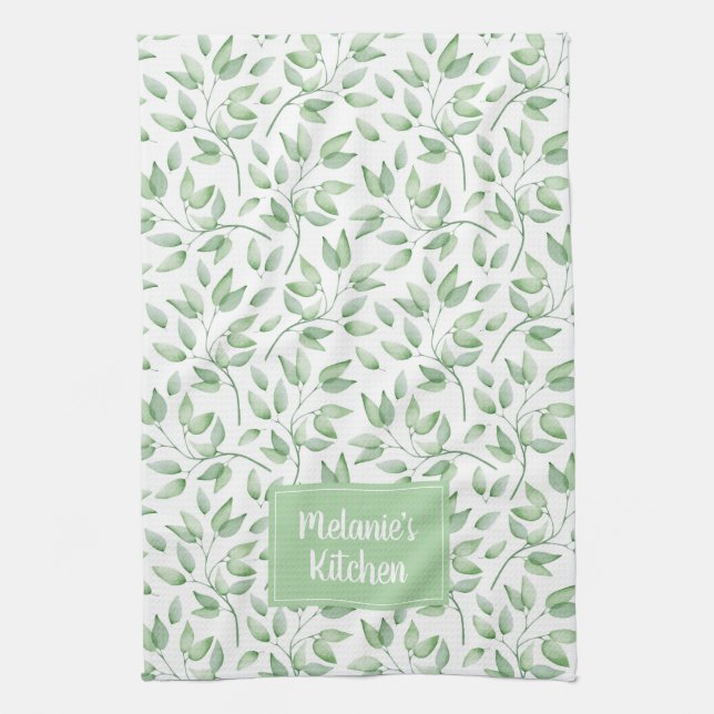 Personalised Leaves in Sage Green Tea Towel (Vertical)