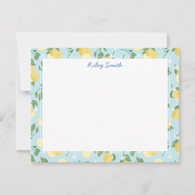 Personalised Lemon Blue Flat Note Card (Front)