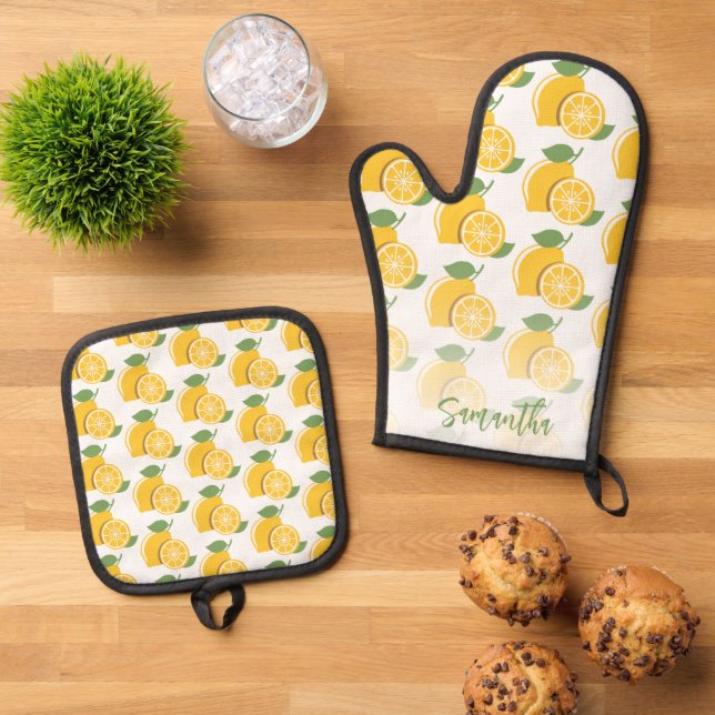 Personalised Lemon Fun Pattern Script Yellow  Oven Mitt & Pot Holder Set (Top Down)