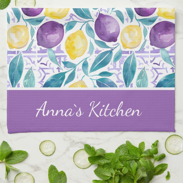 Personalised Lemon Pattern Kitchen Towel (Folded)