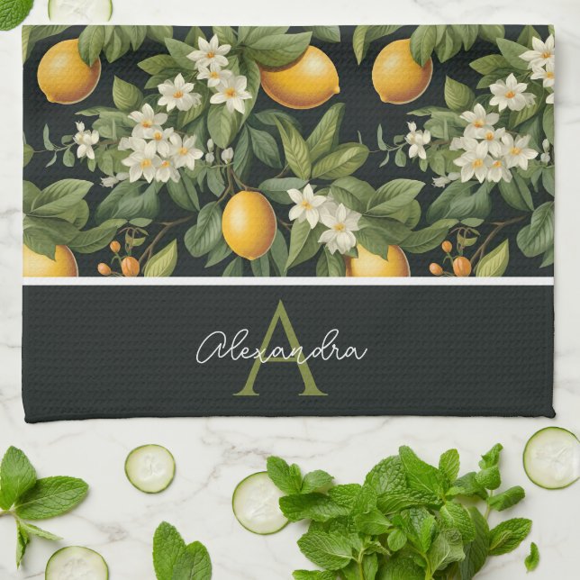 Personalised Lemon Pattern Kitchen Towel (Folded)