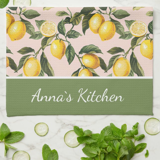 Personalised Lemon Pattern Kitchen Towel (Folded)