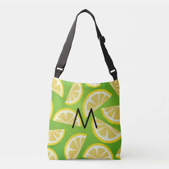 Personalised Lemon Slices on Lime Green Background Crossbody Bag (Front)