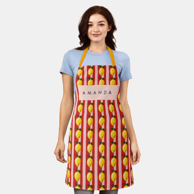 Personalised Lemon Stripe Pattern Yellow Lemons  Apron (Worn)