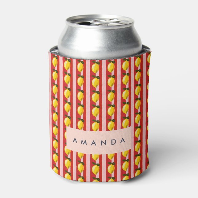 Personalised Lemon Stripe Pattern Yellow Lemons  Can Cooler (Can Front)