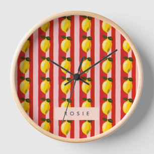Personalised Lemon Stripe Pattern Yellow Lemons  Clock