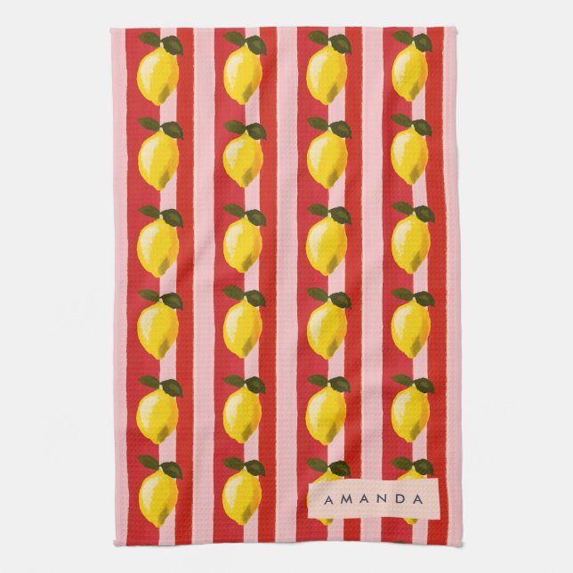 Personalised Lemon Stripe Pattern Yellow Lemons  Tea Towel (Vertical)