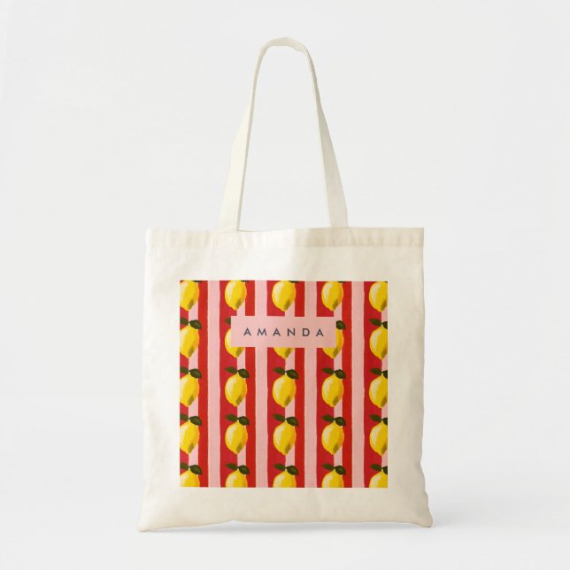 Personalised Lemon Stripe Pattern Yellow Lemons Tote Bag (Front)