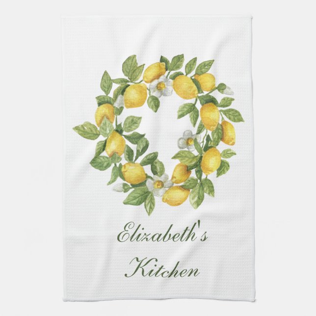 Personalised Lemon Wreath Leaves White Flowers Tea Towel (Vertical)