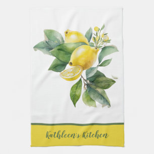Personalised Lemon Yellow Green Greenery Tea Towel