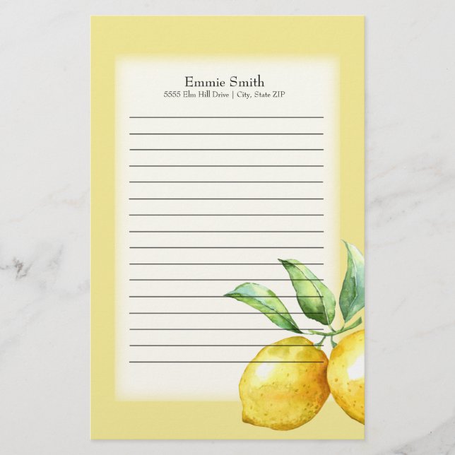 Personalised Lemons and Green Leaves on White Stationery (Front)