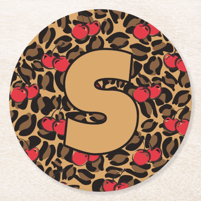 Personalised Leopard Cherries Round Paper Coaster (Front)