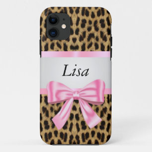 Personalised Leopard Pattern Pink Bow iPhone 11 Case