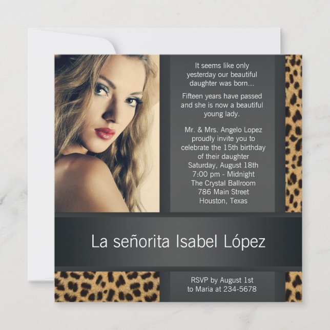Personalised Leopard Photo Quinceanera Invitation (Front)