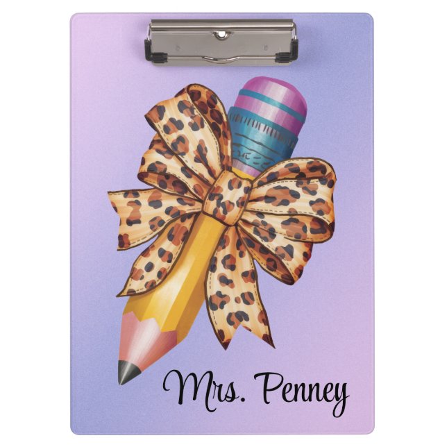 Personalised leopard print coquette bow and pencil clipboard (Front)
