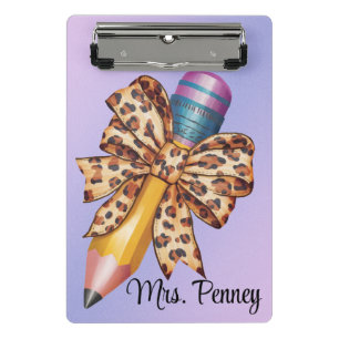 Personalised leopard print coquette bow and pencil mini clipboard