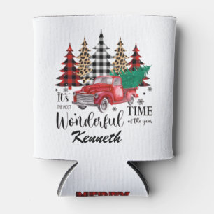 Personalised leopard print, plaid Christmas tree Can Cooler