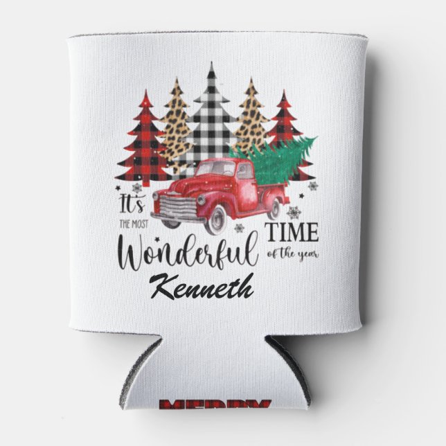 Personalised leopard print, plaid Christmas tree  Can Cooler (Front)