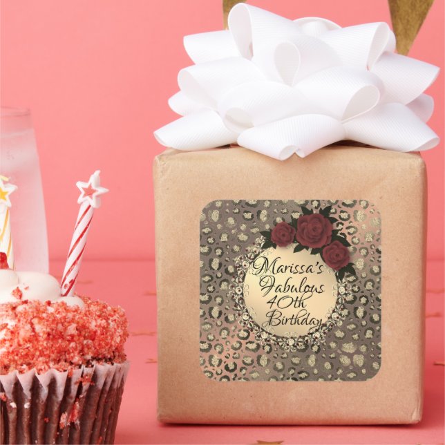 Personalised Leopard Rose Fabulous 40th Birthday   Square Sticker (Party)