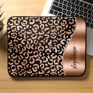 Personalised Leopard Spots Rose Gold Black Laptop Sleeve
