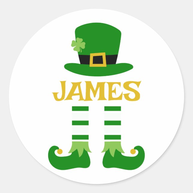 Personalised Leprechaun St. Patrick’s Day James Classic Round Sticker (Front)