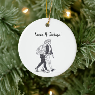 Personalised Lesbian Couple Walking Line Art Ceramic Tree Decoration