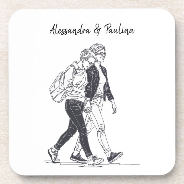 Personalised Lesbian Couple Walking Line Art Coaster (Front)