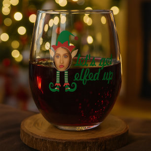 Personalised Lets Get Elfed Up Christmas Stemless Wine Glass