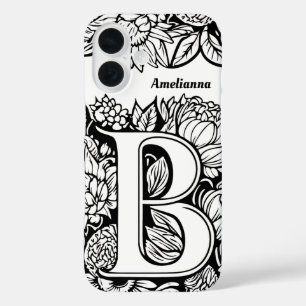 Personalised Letter B Black White Tattoo Flowers iPhone 16 Case