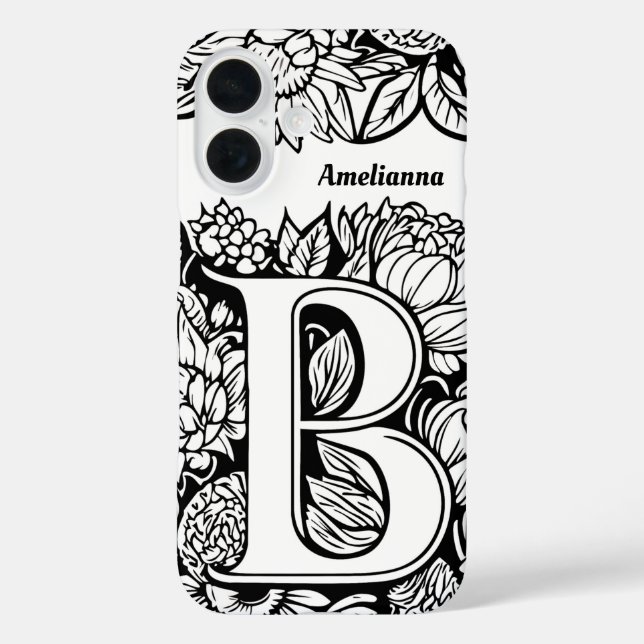 Personalised Letter B Black White Tattoo Flowers Case-Mate iPhone Case (Back)