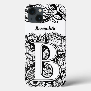 Personalised Letter B Black White Tattoo Flowers iPhone 13 Case