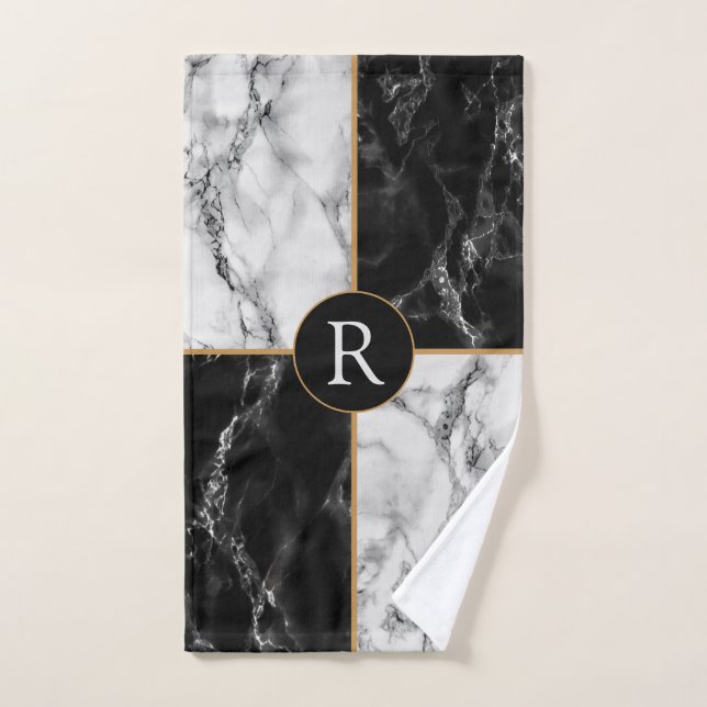 Personalised Letter Bath Towels Black White Marble (Hand Towel)
