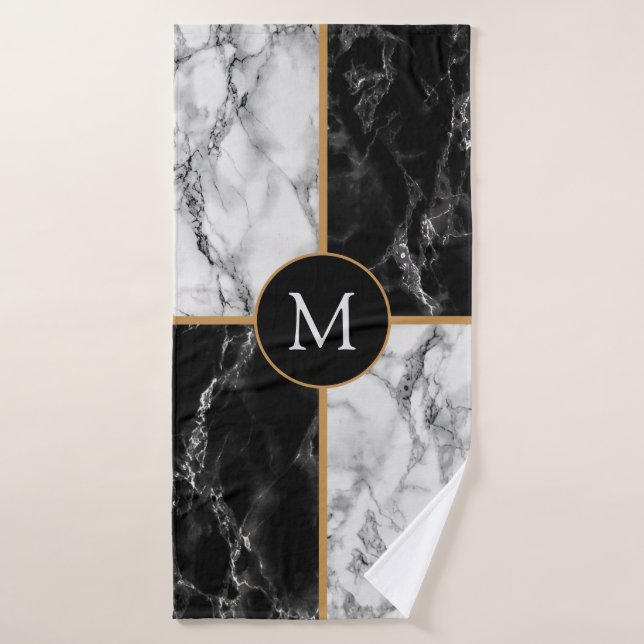 Personalised Letter Bath Towels Black White Marble (Bath Towel)