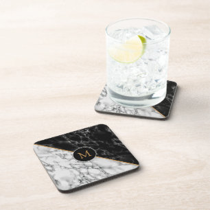 Personalised Letter Black White Marble Coaster