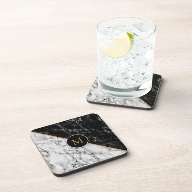 Personalised Letter Black White Marble Coaster (Right Side)
