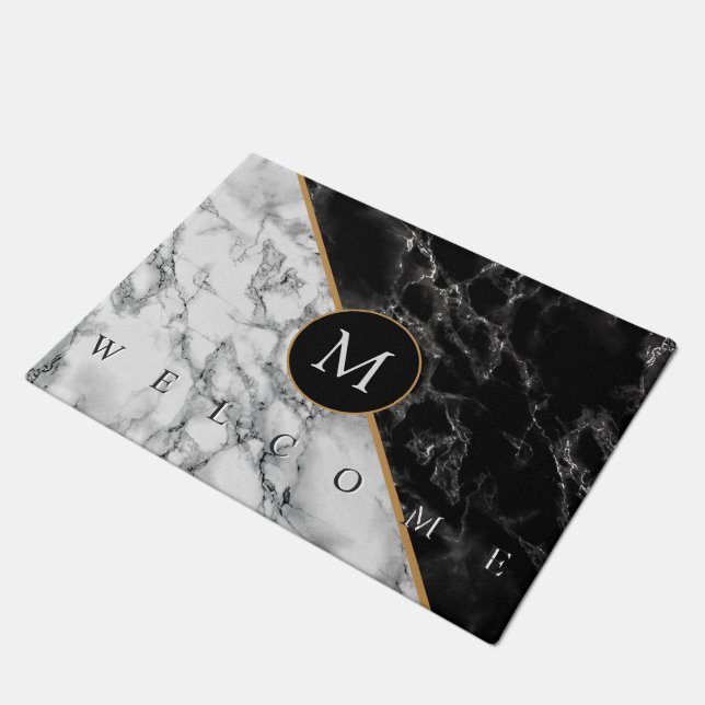 Personalised Letter Black White Marble Doormat (Angled)