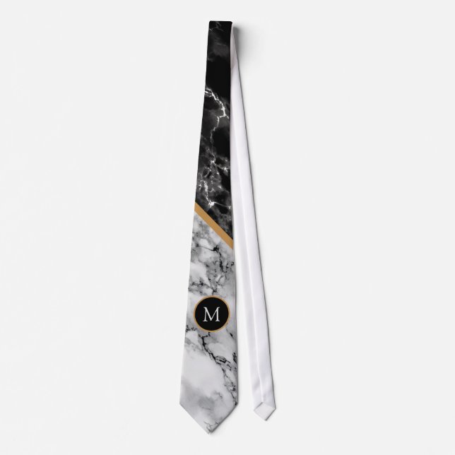 Personalised Letter Black White Marble Neck Tie (Front)