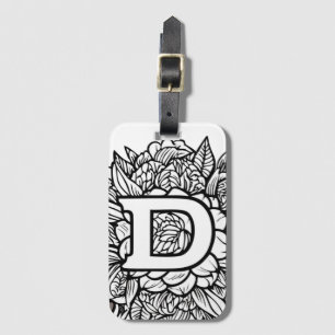 Personalised Letter D Black White Floral Tattoo  Luggage Tag