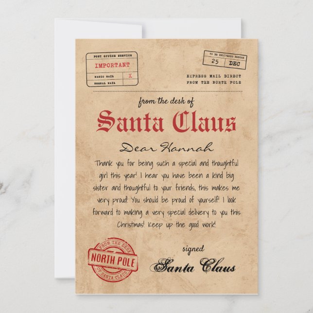 Personalised Letter from Santa Claus Invitation (Front)