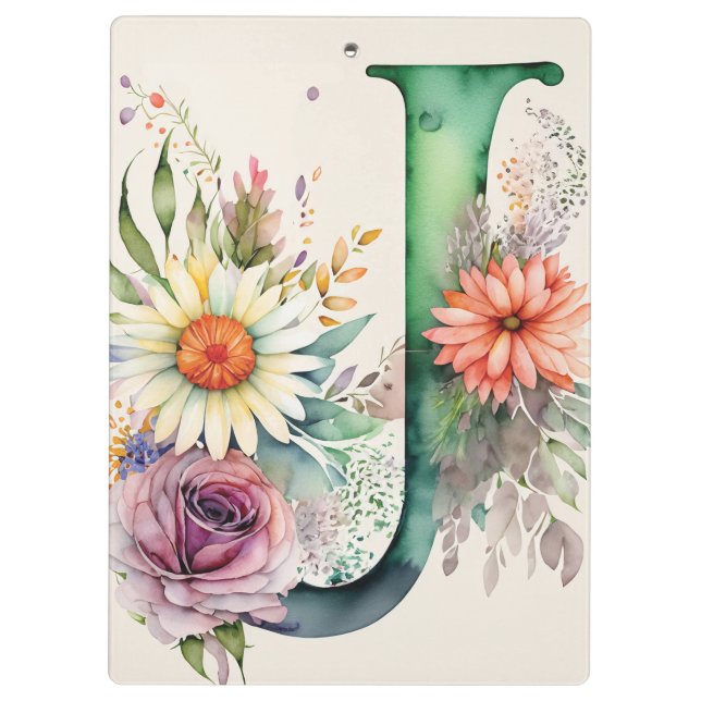 Personalised Letter J Floral Watercolor Teacher's  Clipboard (Back)