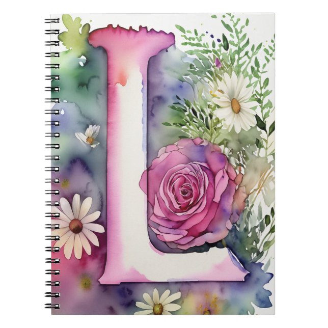 Personalised Letter L Floral Watercolor Notebook  (Front)