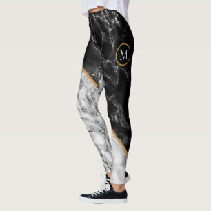 Personalised Letter Leggings Black White Marble