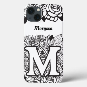 Personalised Letter M Black White Tattoo Flowers iPhone 13 Case