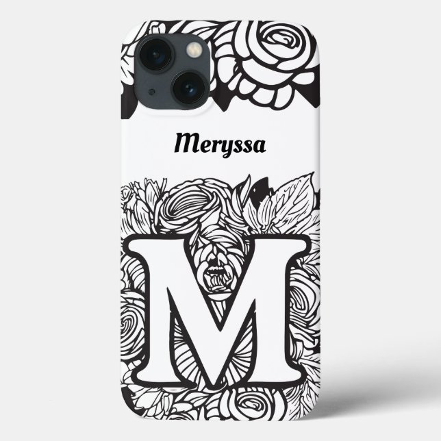 Personalised Letter M Black White Tattoo Flowers Case-Mate iPhone Case (Back)