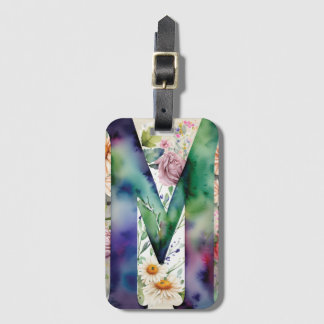 Personalised Letter M Daisy Floral Watercolor Luggage Tag